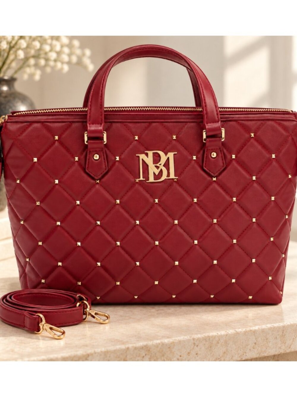 Badgley Mischka BMH-103 Burgundy Quilted Tote Crossbody Strap One Size NWT
